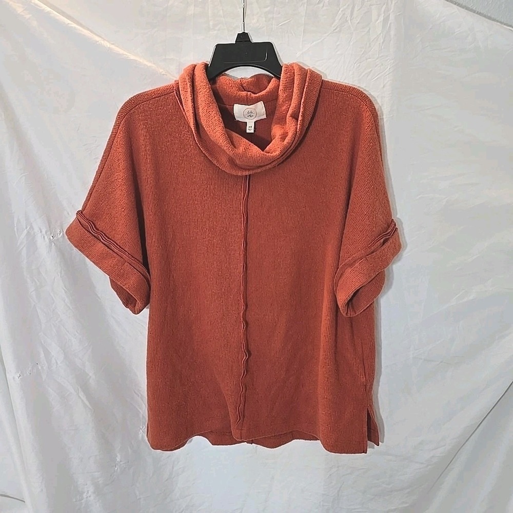 Anthropologie Ella Mara Cowl Neck Short Sleeve Sweater Terra Cott Oversized XS
